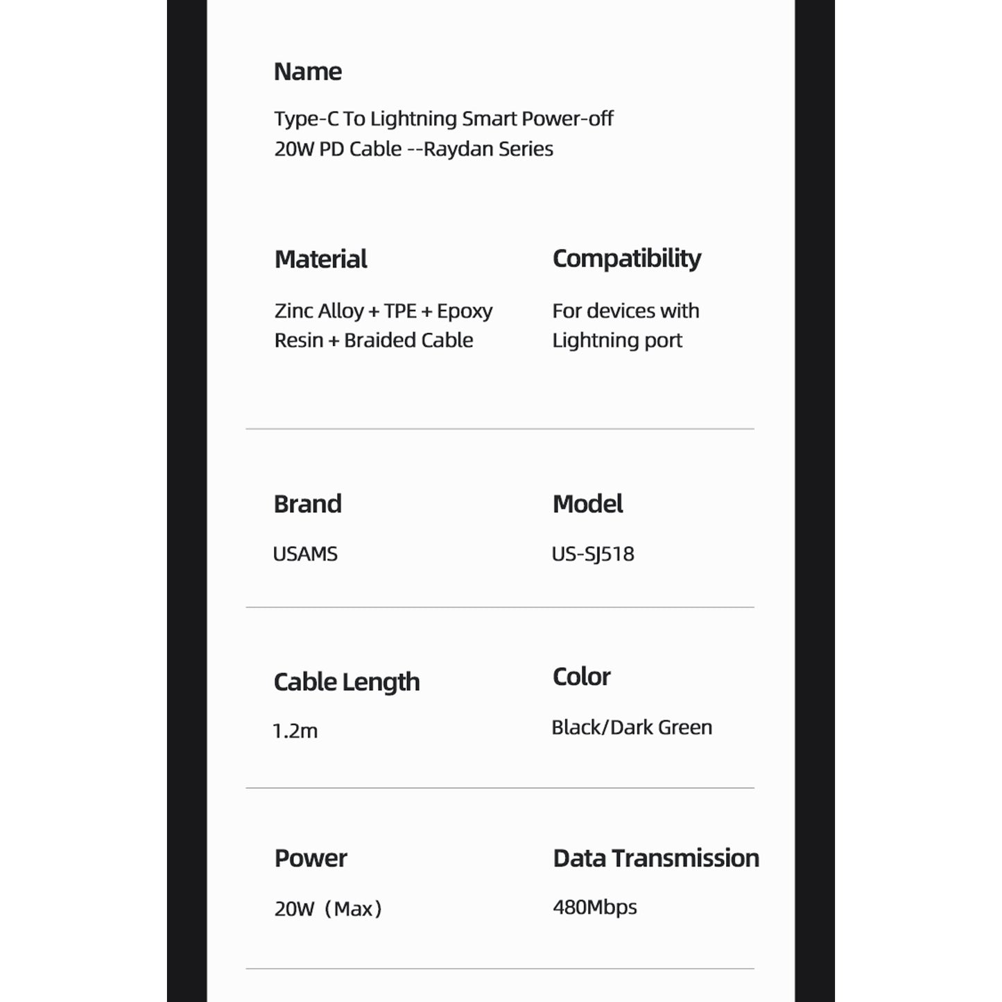 USAMS Smart Power-off 20W USB Type-C to Lightning cable
