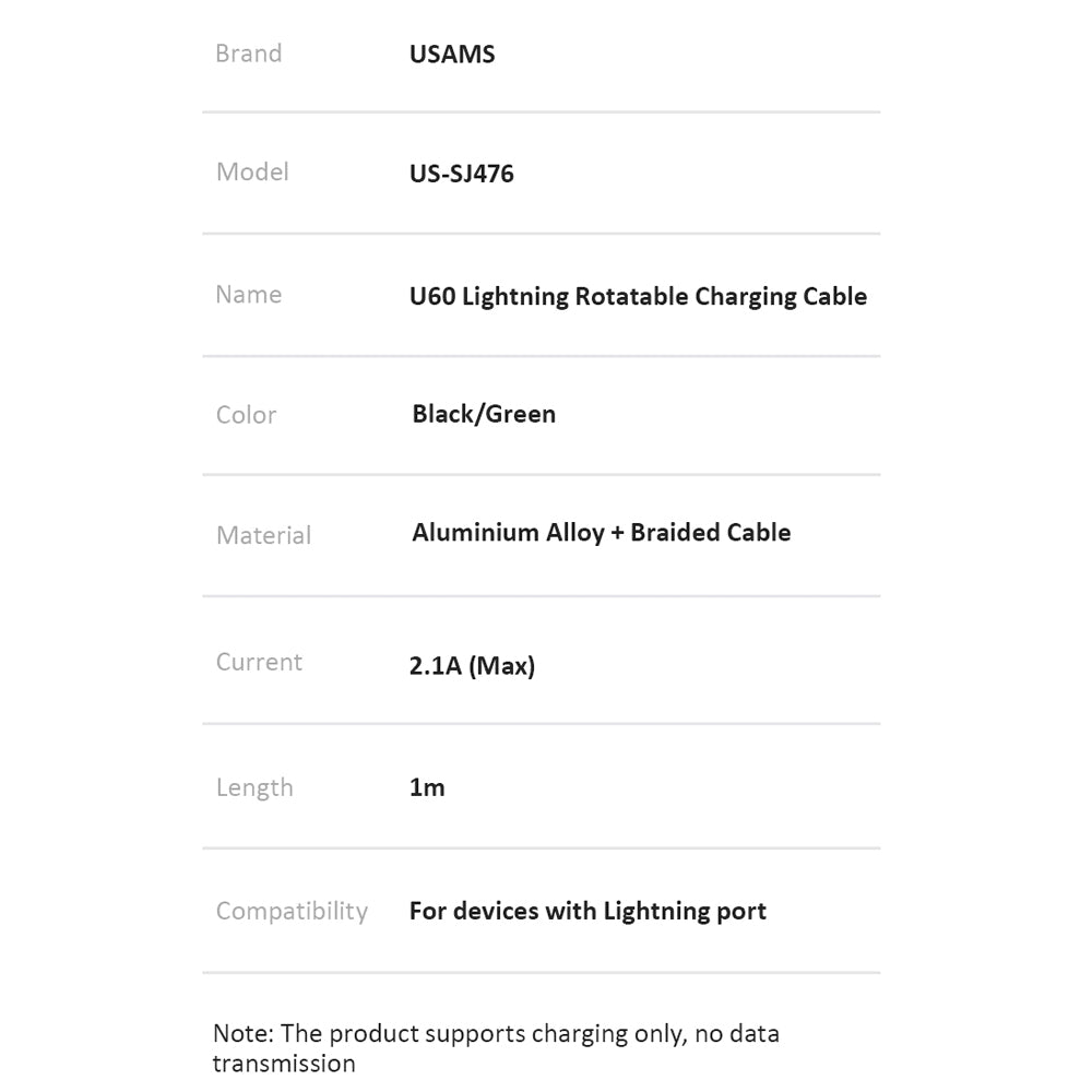 USAMS Rotatable Lightning Charging cable