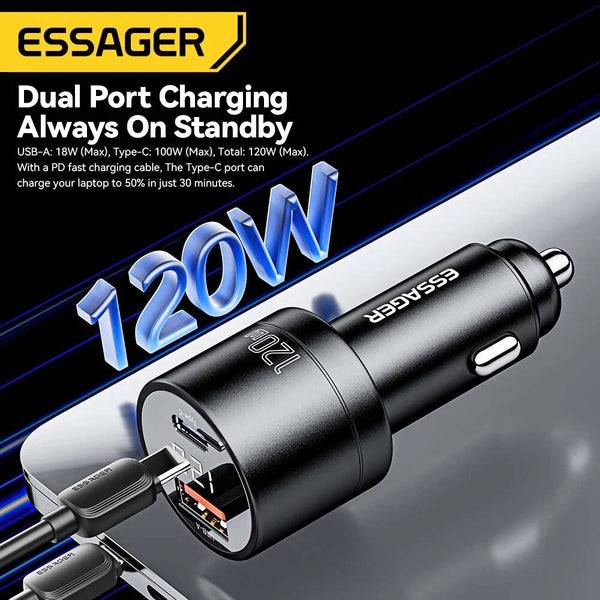 Fast Car Charger 120W Display (USB-A + USB-C) Essager