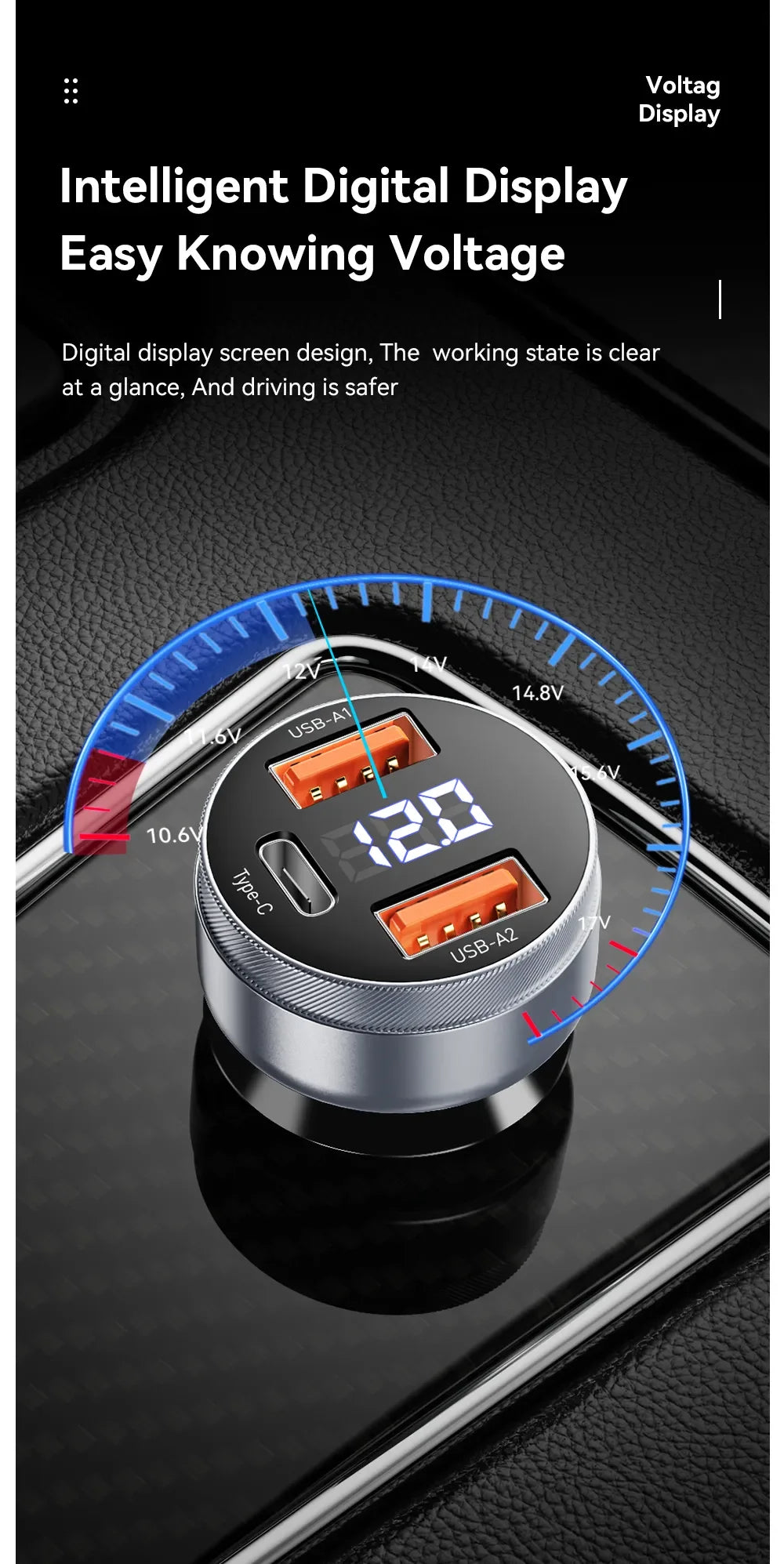 Fast Car Charger 80W Display (Dual USB-A + USB-C)