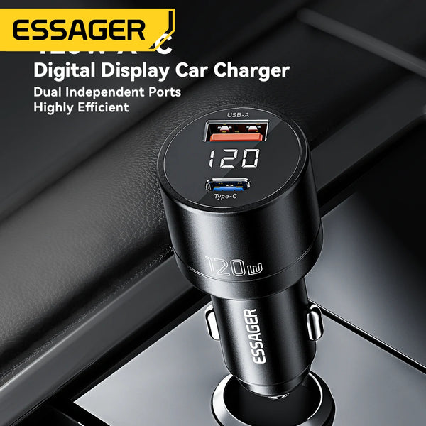 Fast Car Charger 120W Display (USB-A + USB-C) Essager