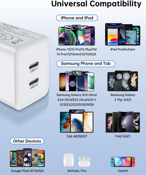 (35W) Superfast compatible Dual USB Type-C Wall Charger with USB-C to Lightning