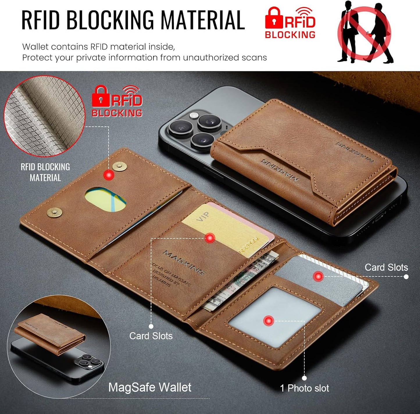 MagSafe Compatible Magnetic Leather Wallet Card Holder for iPhone