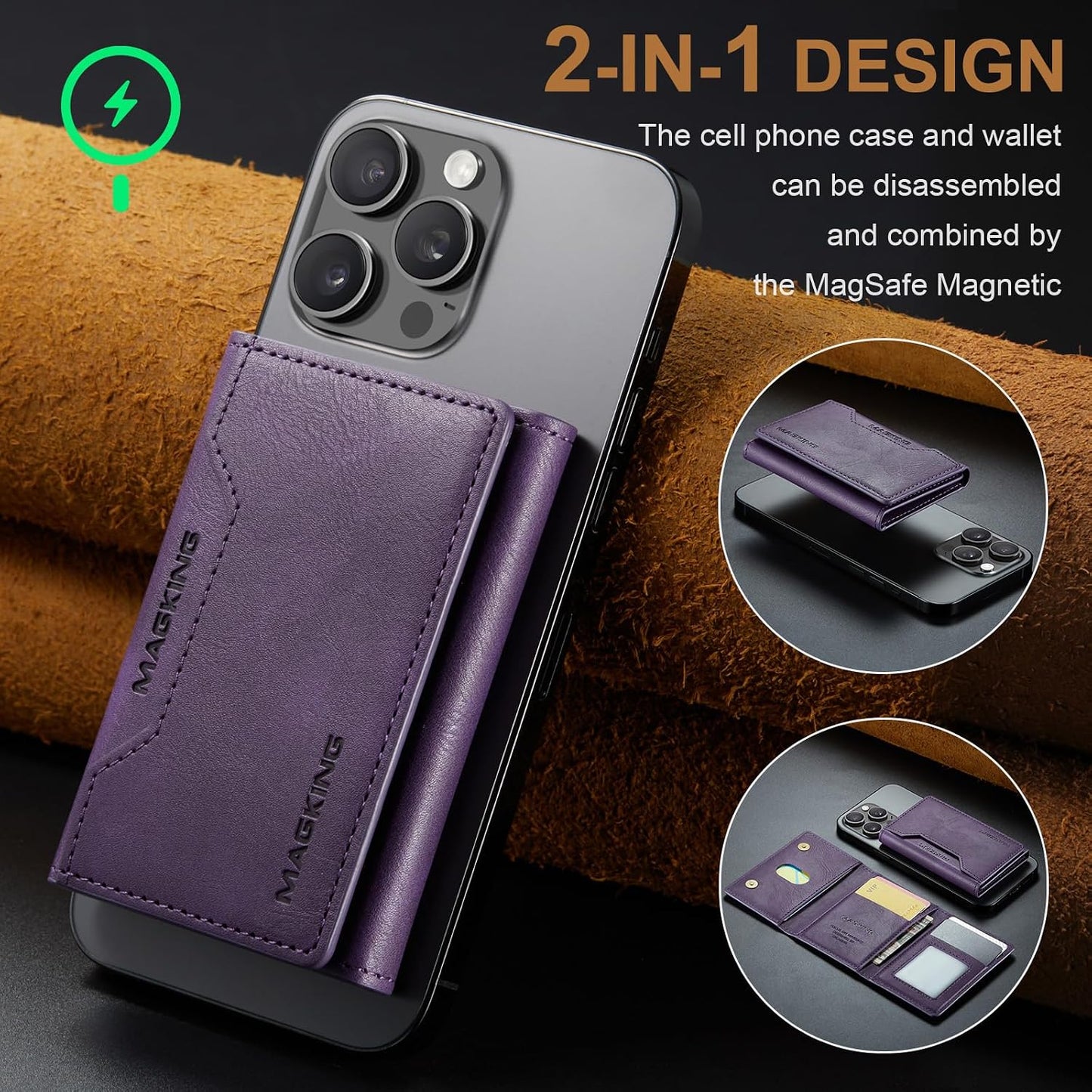 MagSafe Compatible Magnetic Leather Wallet Card Holder for iPhone