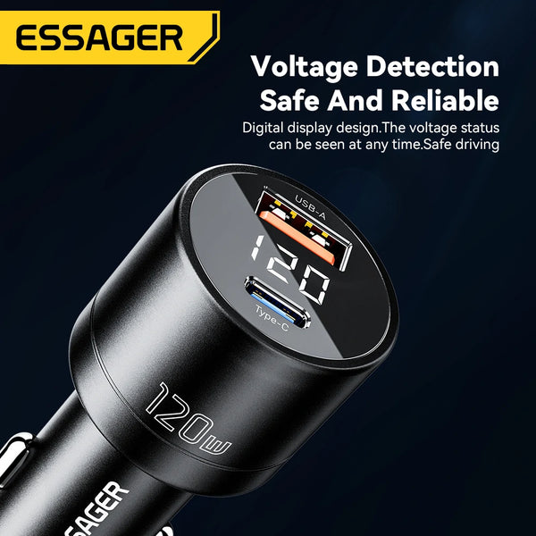 Fast Car Charger 120W Display (USB-A + USB-C) Essager