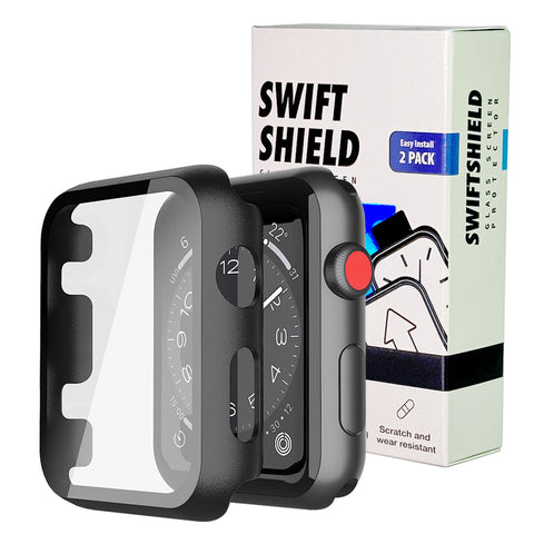 Apple Watch 42mm Case with Glass Screen Protector by SwiftShield (2 Pack - Black)