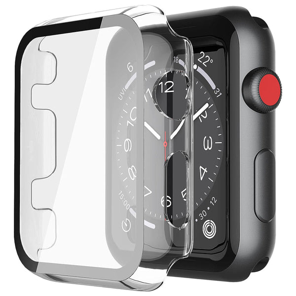 Apple Watch 38mm Case with Glass Screen Protector by SwiftShield (2 Pack - Black + Clear)