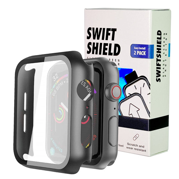 Apple Watch 44mm Case with Glass Screen Protector by SwiftShield (2 Pack - Black)