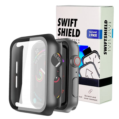 Apple Watch SE Series 3 44mm Case with Glass Screen Protector by SwiftShield (2 Pack - Black + Clear)
