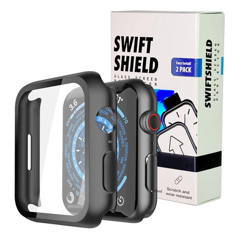 Apple Watch 45mm Case with Glass Screen Protector by SwiftShield (2 Pack - Black)