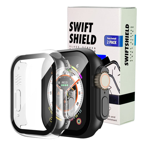 Apple Watch Ultra/Ultra 2 49mm Case with Glass Screen Protector by Swiftshield (2 Pack - Black + Clear)
