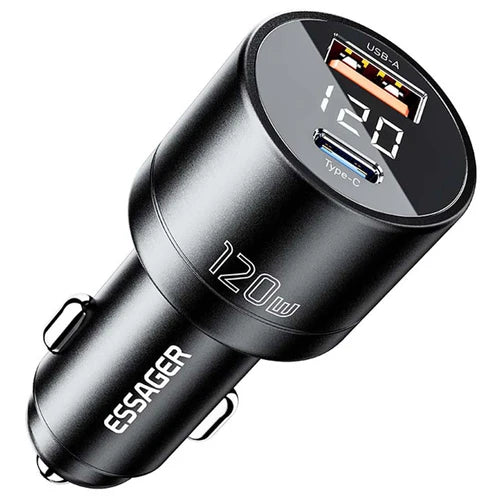 Fast Car Charger 120W Display (USB-A + USB-C) Essager