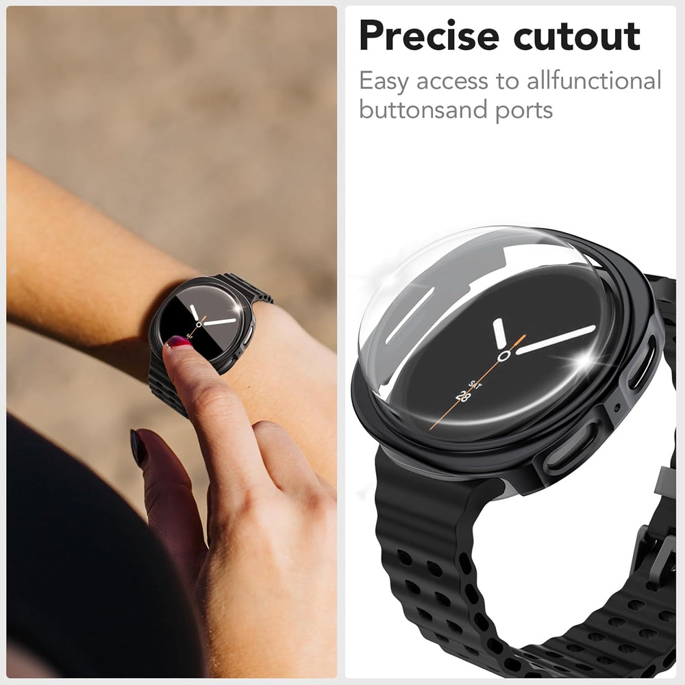 Samsung Galaxy Watch 9 44mm Case with Glass Screen Protector by SwiftShield (2 Pack - Black + Clear)