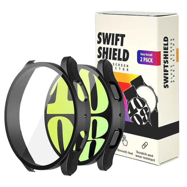 Samsung Galaxy Watch 6 44mm Case with Glass Screen Protector by SwiftShield (2 Pack - Black + Clear)