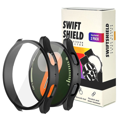 Samsung Galaxy Watch 7 40mm Case with Glass Screen Protector by SwiftShield (2 Pack - Black + Clear)