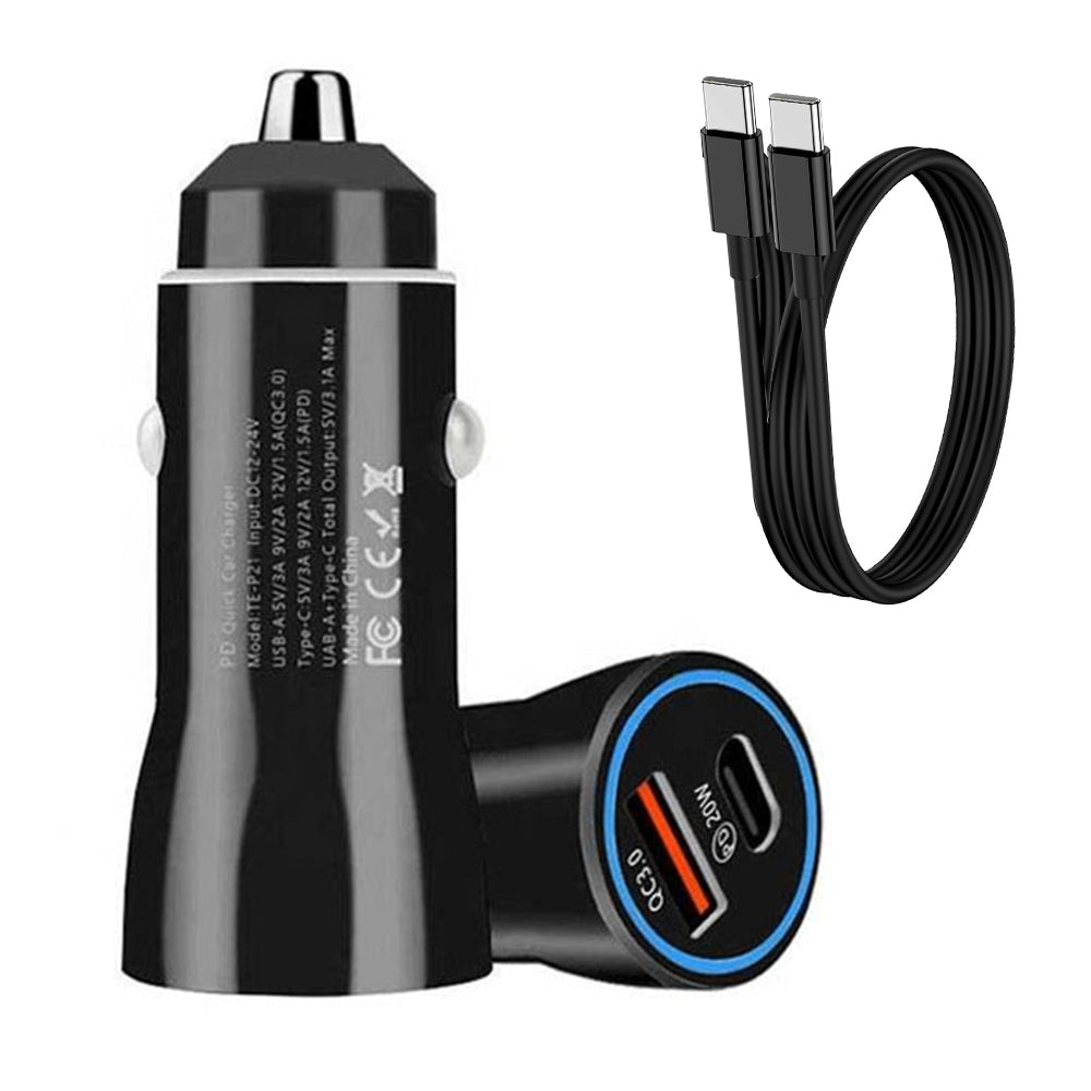 Dual 20W Fast Car Charger with USB-C to USB-C cable