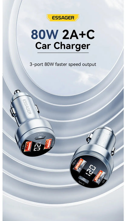 Fast Car Charger 80W Display (Dual USB-A + USB-C)