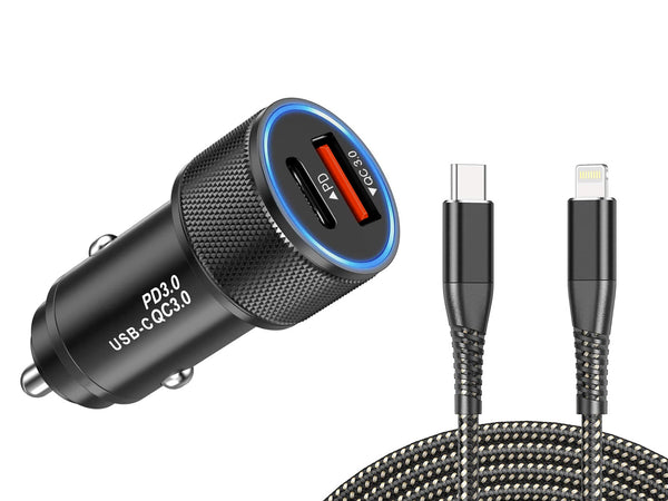 Dual 18W Fast Car Charger with Lightning to Type C cable