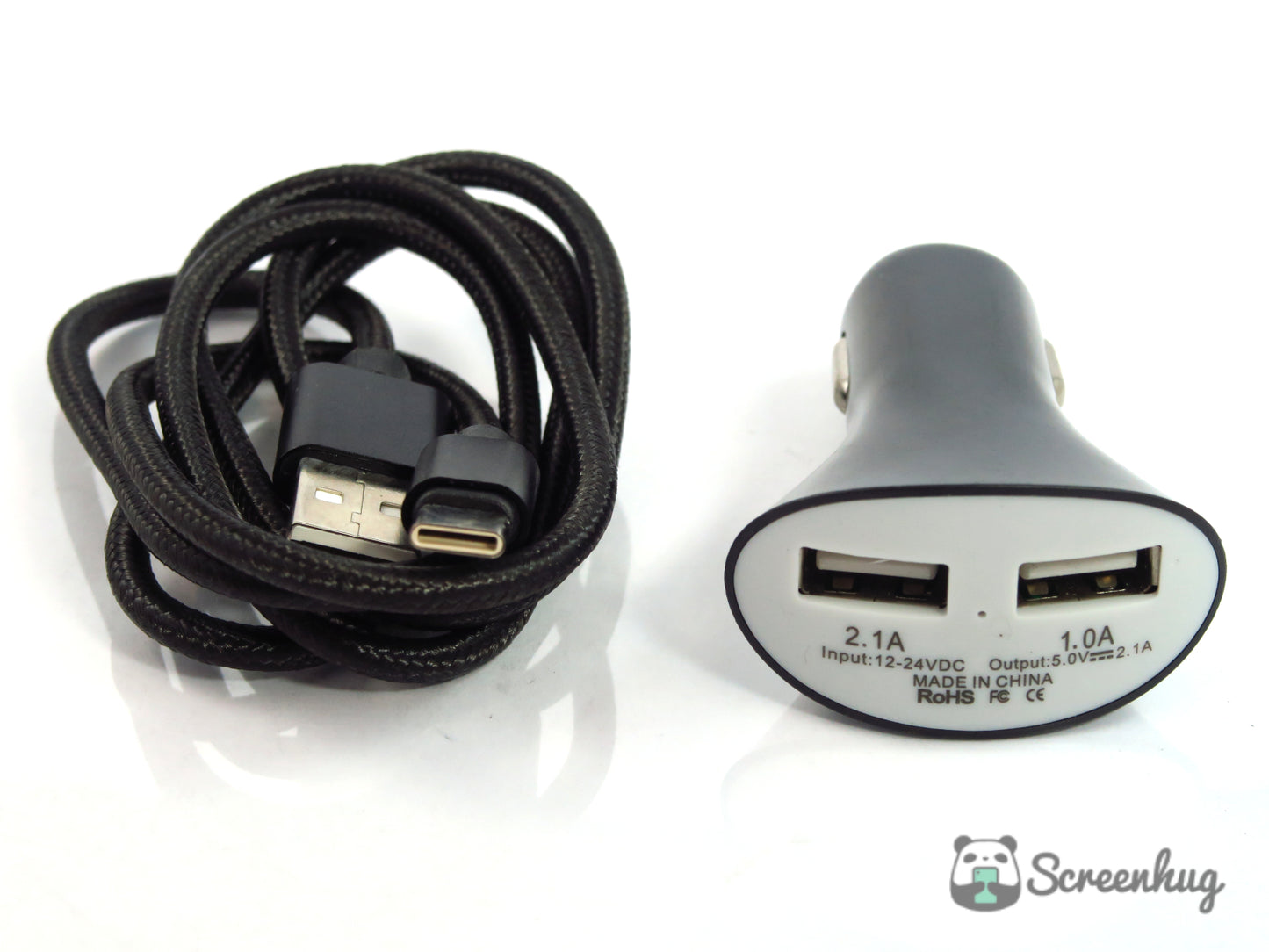 Dual USB Car Charger + Type C cable combo - Black