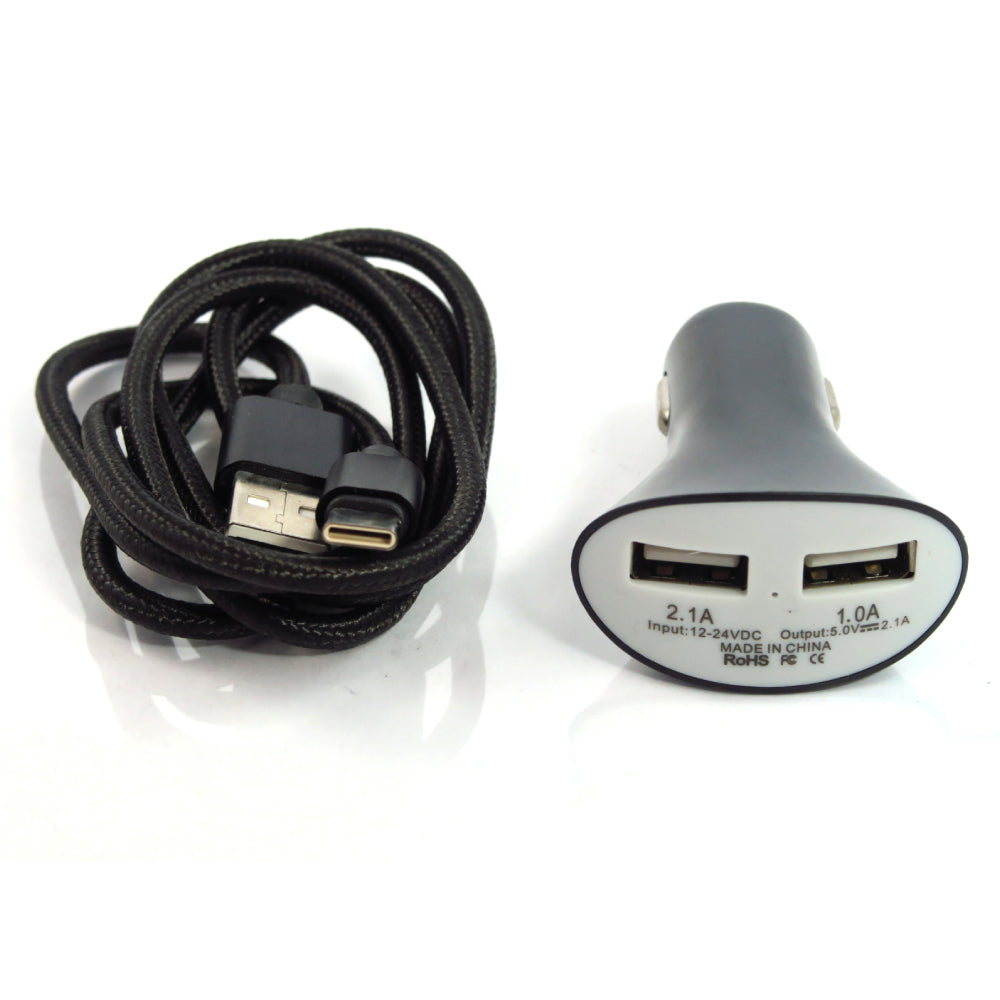 Dual USB Car Charger + Type C cable combo - Black