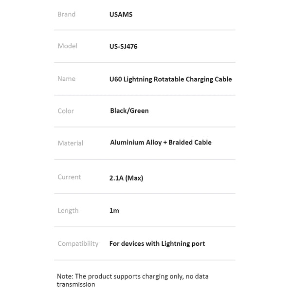 USAMS Rotatable Lightning Charging cable